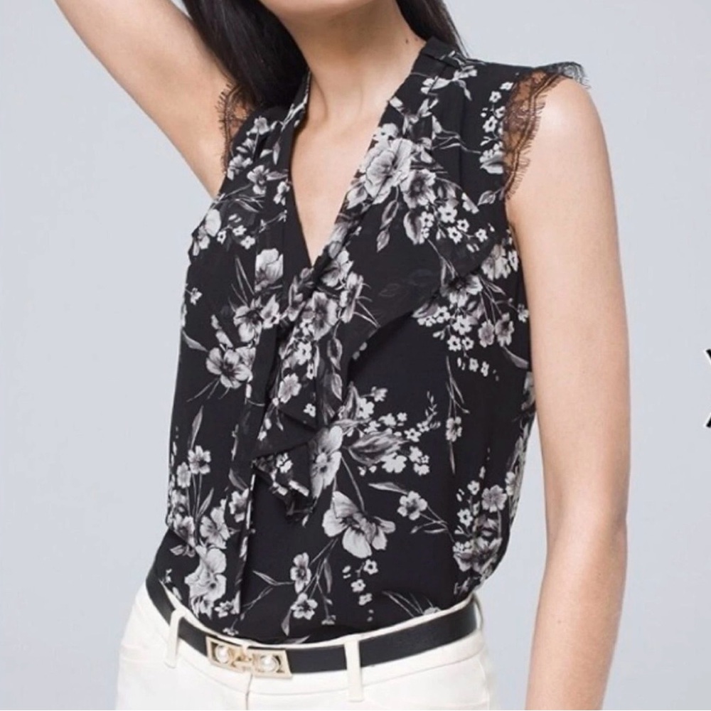 WHBM sleeveless top with ruffle and lace detail. size 6